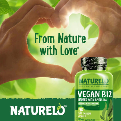 NATURELO Vegan B12 - Methyl B12 with Organic Spirulina - High Potency Vitamin B12 1000 mcg Methylcobalamin - Supports Healthy Mood - PrimeBioHealth - canada supplements