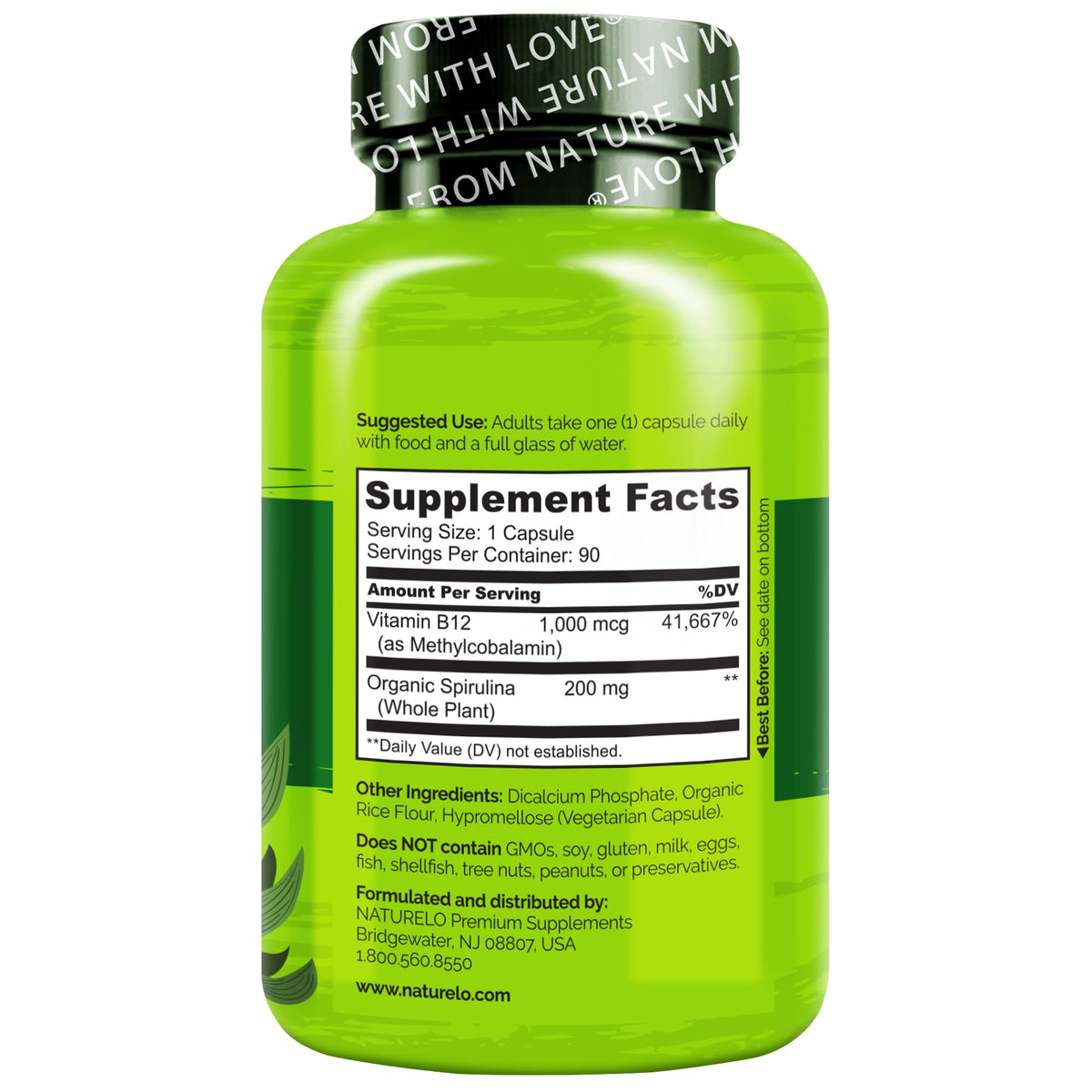 NATURELO Vegan B12 - Methyl B12 with Organic Spirulina - High Potency Vitamin B12 1000 mcg Methylcobalamin - Supports Healthy Mood - PrimeBioHealth - canada supplements