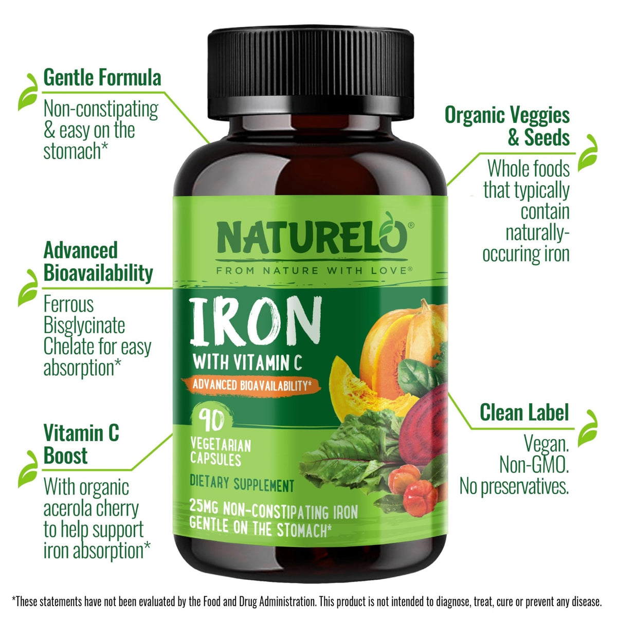 NATURELO Vegan Iron Supplement with Vitamin C and Organic Whole Foods - Gentle Iron Pills for Women & Men with Iron Deficiency Including Pregnancy - PrimeBioHealth - canada supplements