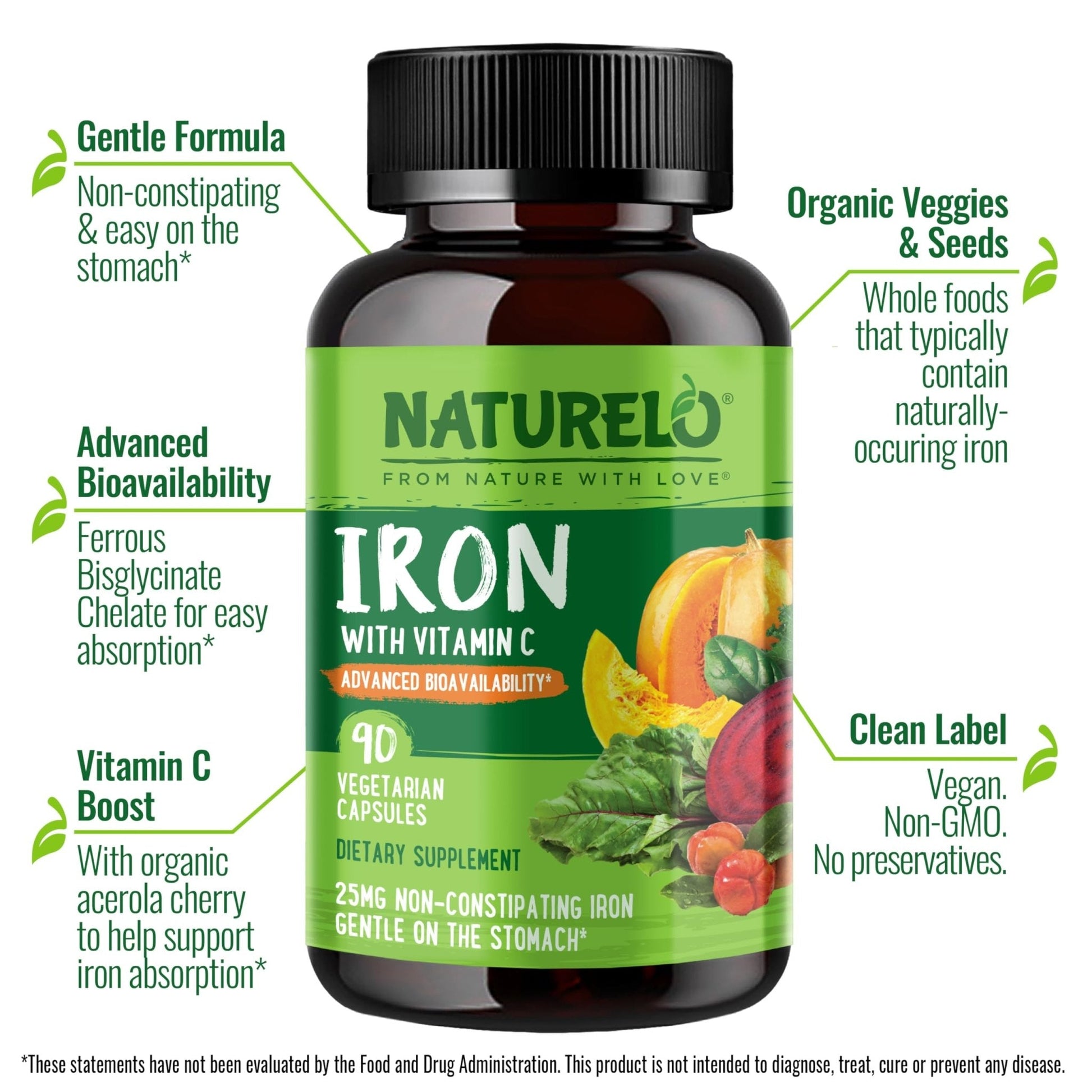 NATURELO Vegan Iron Supplement with Vitamin C and Organic Whole Foods - Gentle Iron Pills for Women & Men with Iron Deficiency Including Pregnancy - PrimeBioHealth - canada supplements