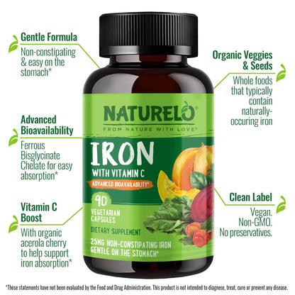 NATURELO Vegan Iron Supplement with Vitamin C and Organic Whole Foods - Gentle Iron Pills for Women & Men with Iron Deficiency Including Pregnancy - PrimeBioHealth - canada supplements
