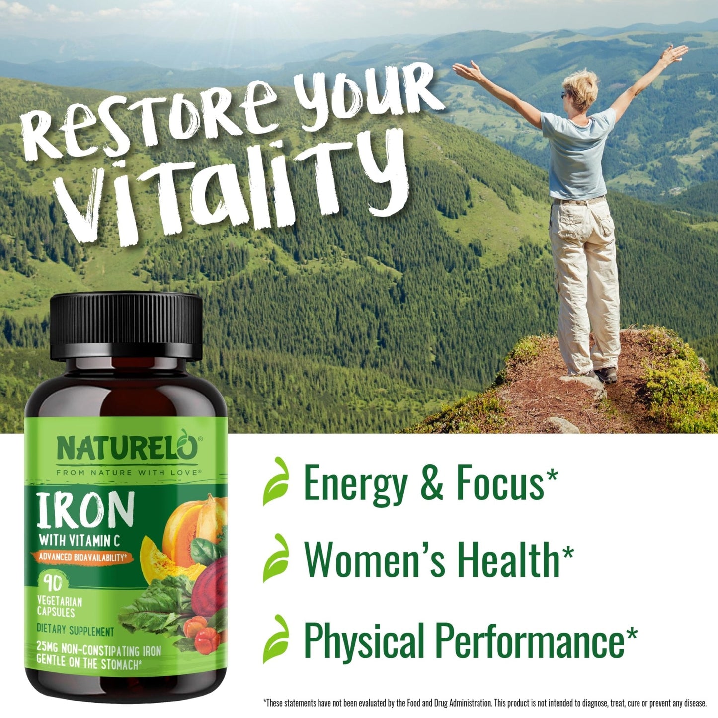 NATURELO Vegan Iron Supplement with Vitamin C and Organic Whole Foods - Gentle Iron Pills for Women & Men with Iron Deficiency Including Pregnancy - PrimeBioHealth - canada supplements