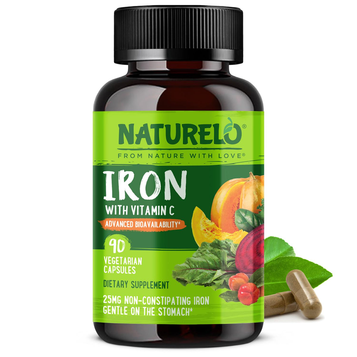 NATURELO Vegan Iron Supplement with Vitamin C and Organic Whole Foods - Gentle Iron Pills for Women & Men with Iron Deficiency Including Pregnancy - PrimeBioHealth - canada supplements