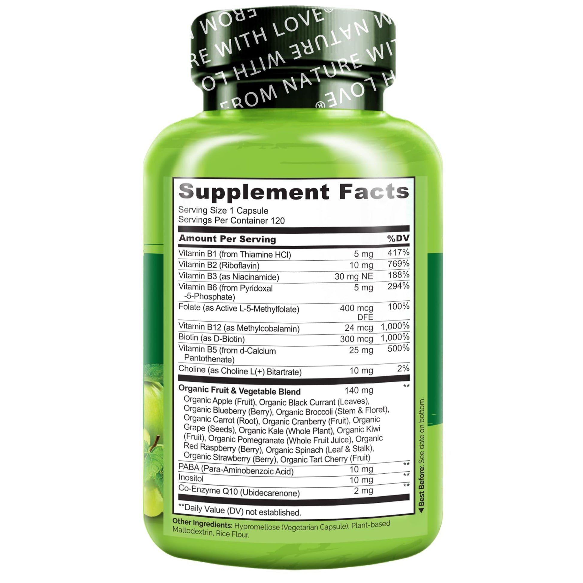 NATURELO Vitamin B Complex,120 Capsules, Vegan, CoQ10, Methyl Folate, Biotin, Fruit & Veg Blend, Supports Energy and Healthy Stress Response - PrimeBioHealth - canada supplements