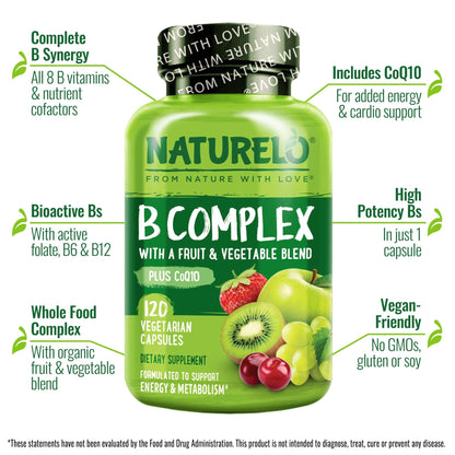 NATURELO Vitamin B Complex,120 Capsules, Vegan, CoQ10, Methyl Folate, Biotin, Fruit & Veg Blend, Supports Energy and Healthy Stress Response - PrimeBioHealth - canada supplements
