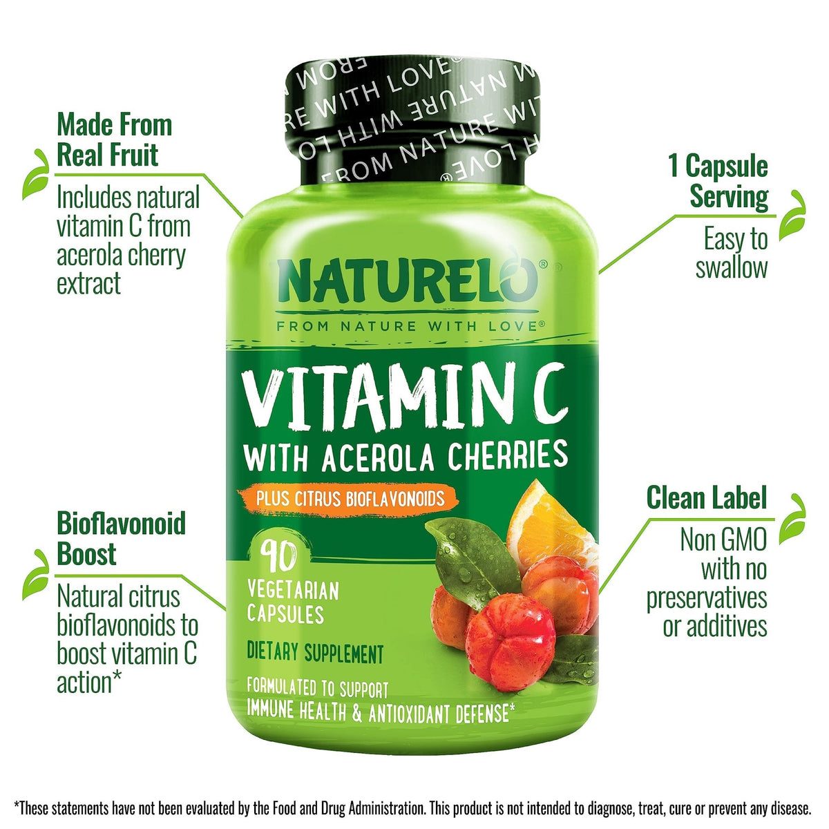 NATURELO Vitamin C with Organic Acerola Cherry Extract and Citrus Bioflavonoids - Vegan Supplement - Immune Support - 500 mg VIT C per Cap - PrimeBioHealth - canada supplements