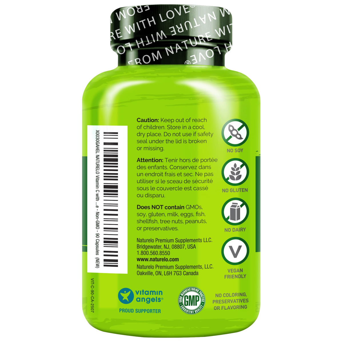 NATURELO Vitamin C with Organic Acerola Cherry Extract and Citrus Bioflavonoids - Vegan Supplement - Immune Support - 500 mg VIT C per Cap - PrimeBioHealth - canada supplements