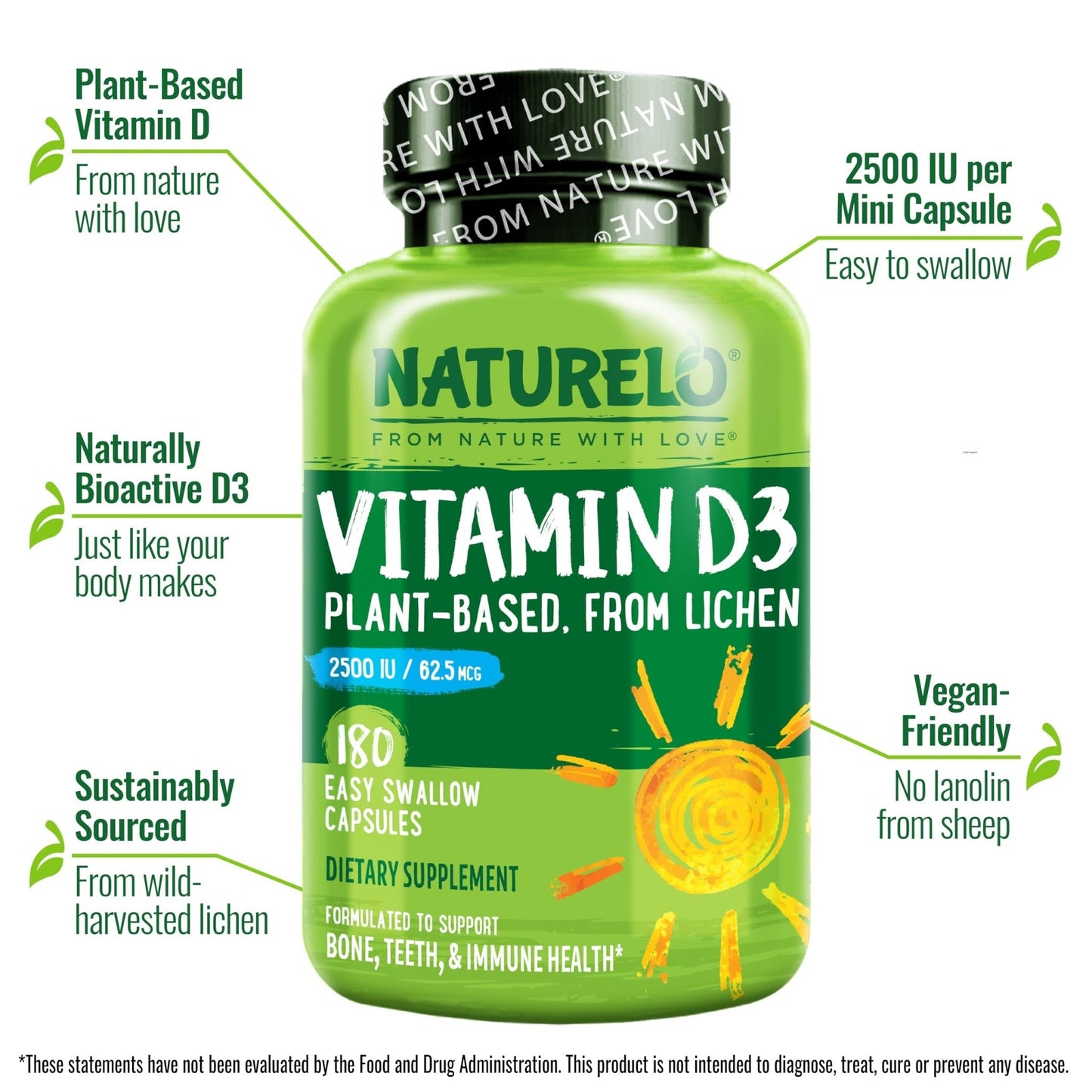 NATURELO Vitamin D - 2500 IU - Plant Based from Lichen - Natural D3 Supplement for Immune System, Bone Support, Joint Health - Vegan - PrimeBioHealth - canada supplements