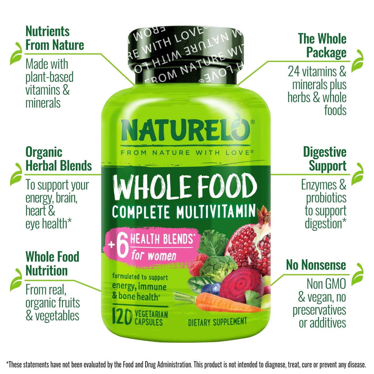 NATURELO Whole Food Multivitamin for Women - with Vitamins, Minerals, & Organic Extracts - Supplement for Energy and Heart Health - PrimeBioHealth - canada supplements