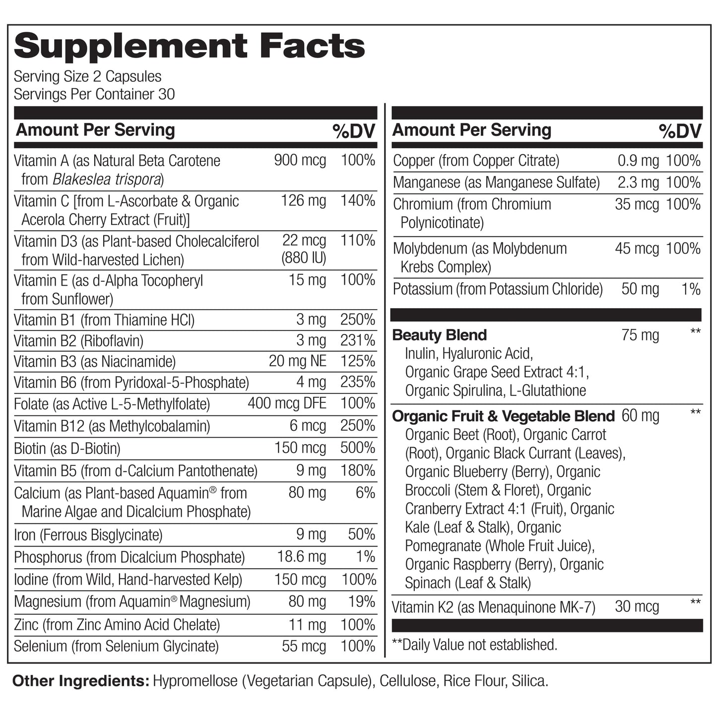 NATURELO Whole Food Multivitamin with Extra Hair, Skin and Nails Support - Beauty Blend with Hyaluronic Acid & Grape Seed - High Potency Biotin, Vitamin C - PrimeBioHealth - canada supplements