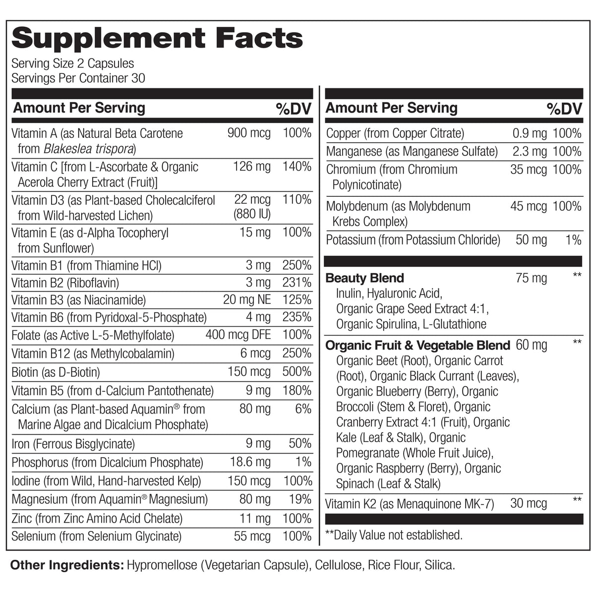 NATURELO Whole Food Multivitamin with Extra Hair, Skin and Nails Support - Beauty Blend with Hyaluronic Acid & Grape Seed - High Potency Biotin, Vitamin C - PrimeBioHealth - canada supplements