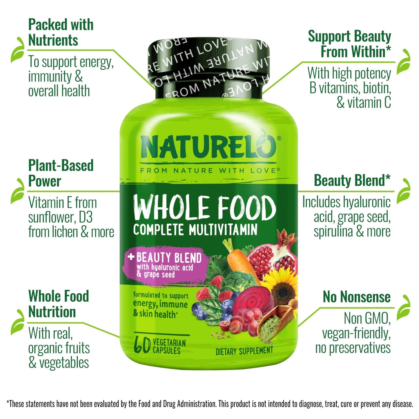 NATURELO Whole Food Multivitamin with Extra Hair, Skin and Nails Support - Beauty Blend with Hyaluronic Acid & Grape Seed - High Potency Biotin, Vitamin C - PrimeBioHealth - canada supplements
