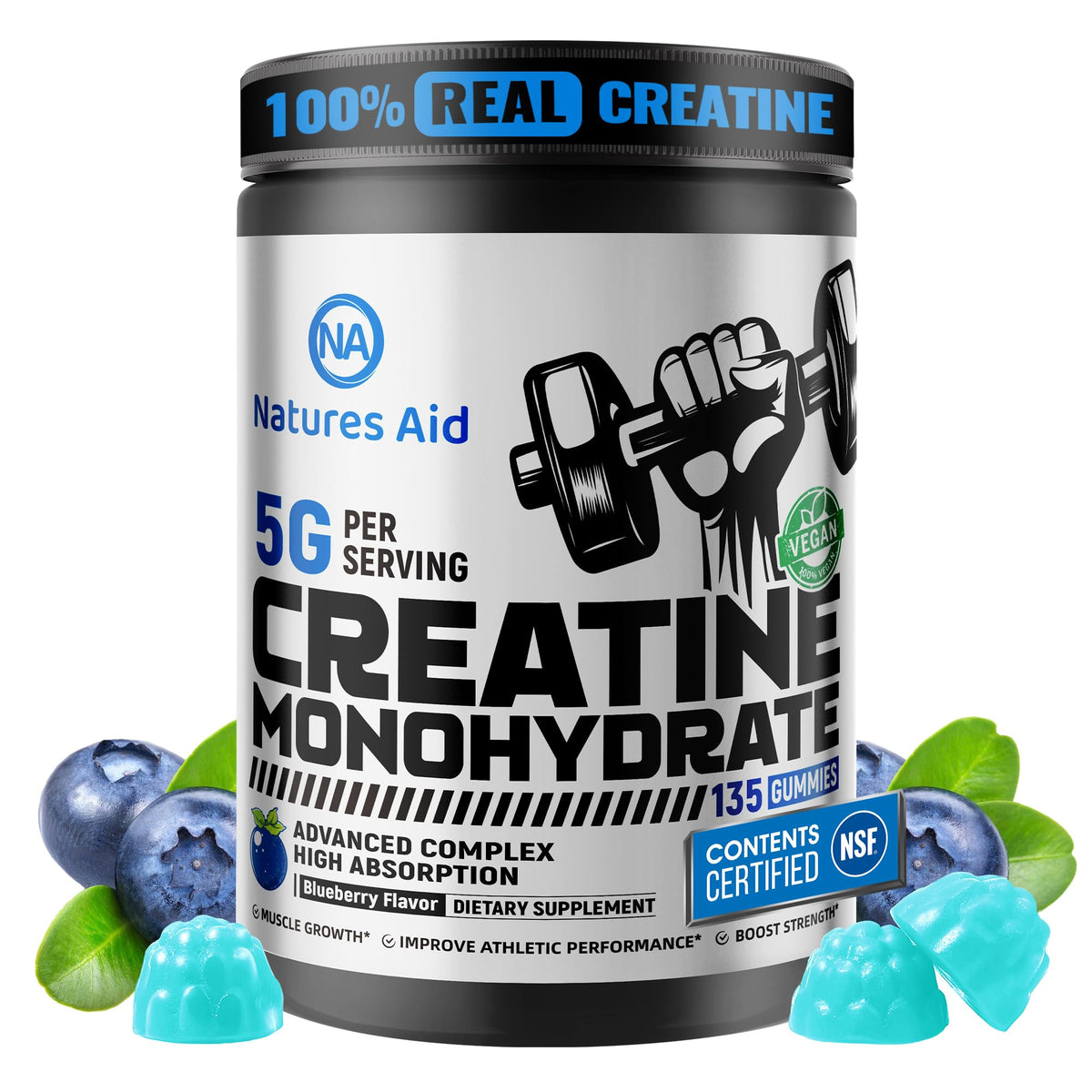 Natures Aid NSF Certified Creatine Gummy 5g - Creatine Monohydrate Gummies – Pre-Workout Energy & Muscle Growth Support for Men & Women - PrimeBioHealth - canada supplements