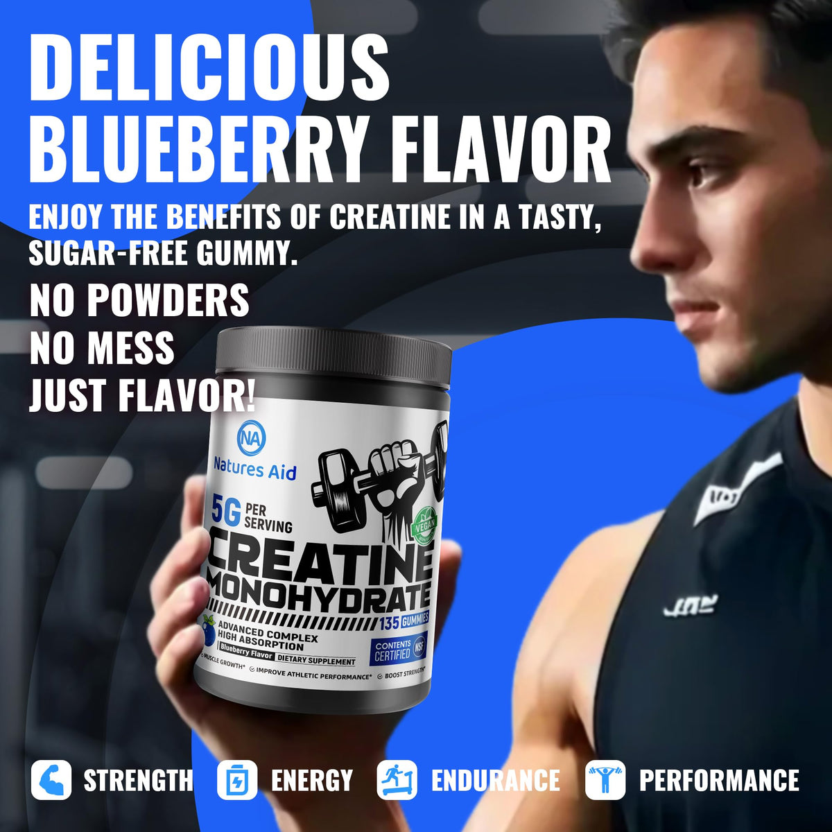 Natures Aid NSF Certified Creatine Gummy 5g - Creatine Monohydrate Gummies – Pre-Workout Energy & Muscle Growth Support for Men & Women - PrimeBioHealth - canada supplements