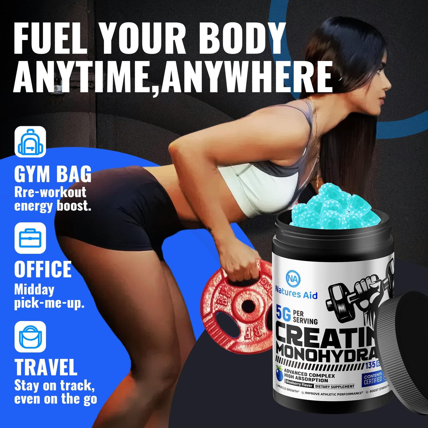 Natures Aid NSF Certified Creatine Gummy 5g - Creatine Monohydrate Gummies – Pre-Workout Energy & Muscle Growth Support for Men & Women - PrimeBioHealth - canada supplements