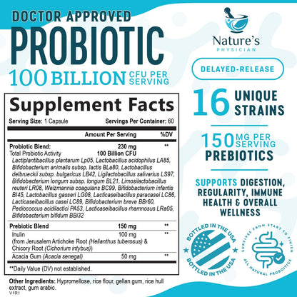 Nature's Physician Probiotics - 100 Billion CFU Per Capsule - 16 Strains + Prebiotics - Best Probiotic Supplement for Women & Men - Supports Immune, - PrimeBioHealth - canada supplements