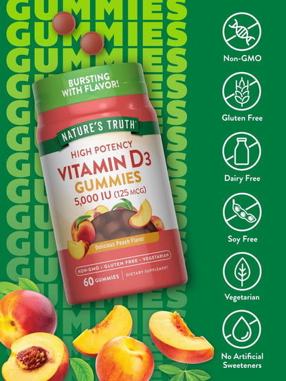 Nature's Truth Vitamin D3 Gummies | 5000 IU | 60 Count | Peach Flavor | Vegetarian, Non-GMO & Gluten Free Supplement - PrimeBioHealth - canada supplements