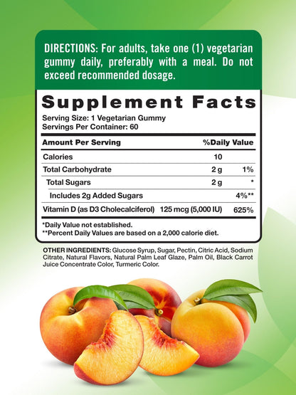 Nature's Truth Vitamin D3 Gummies | 5000 IU | 60 Count | Peach Flavor | Vegetarian, Non-GMO & Gluten Free Supplement - PrimeBioHealth - canada supplements