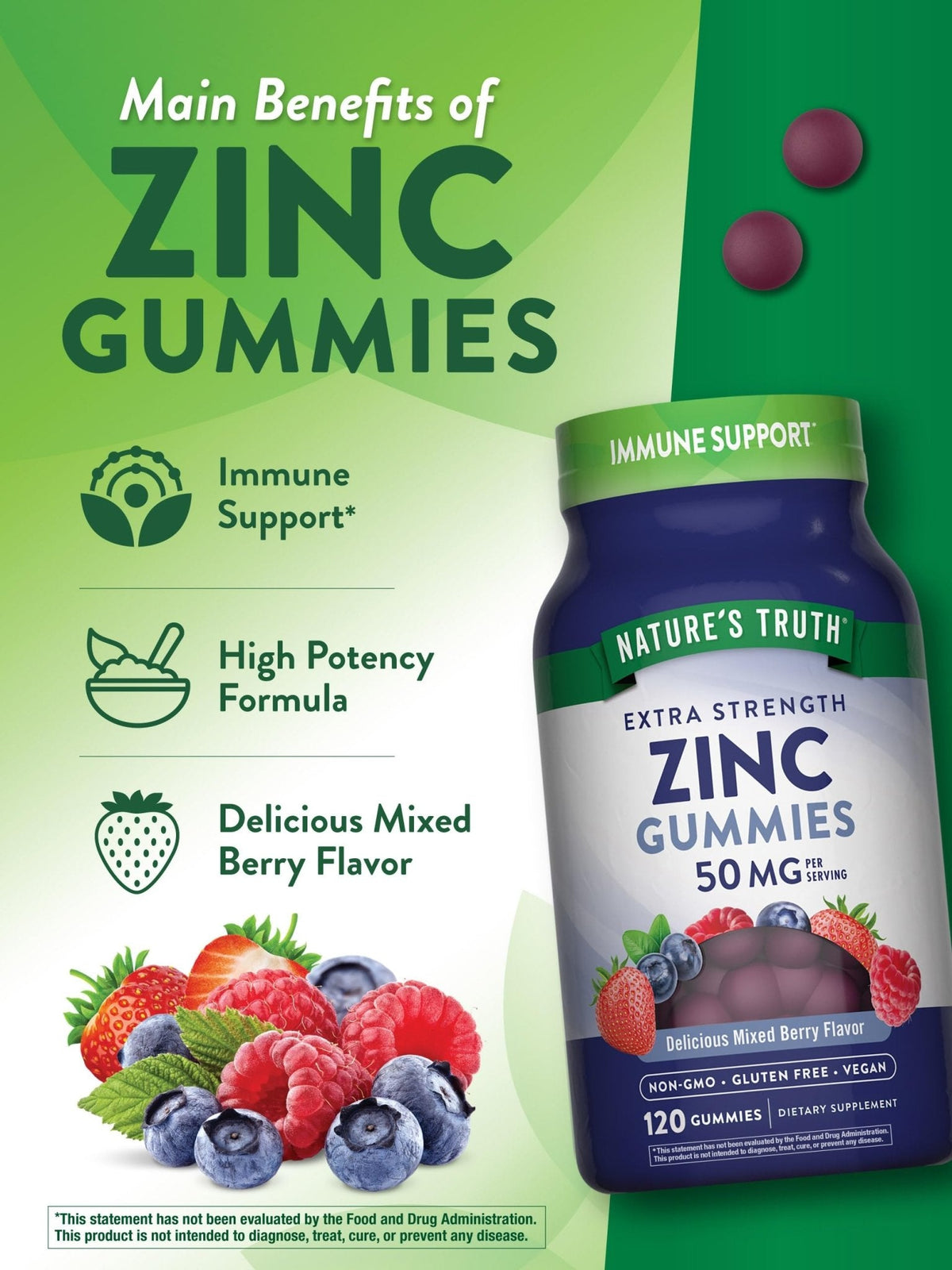 Nature's Truth Zinc Gummies for Adults | 50mg | 120 Count | Vegan, Non-GMO & Gluten Free Supplement | Mixed Berry Flavor - PrimeBioHealth - canada supplements