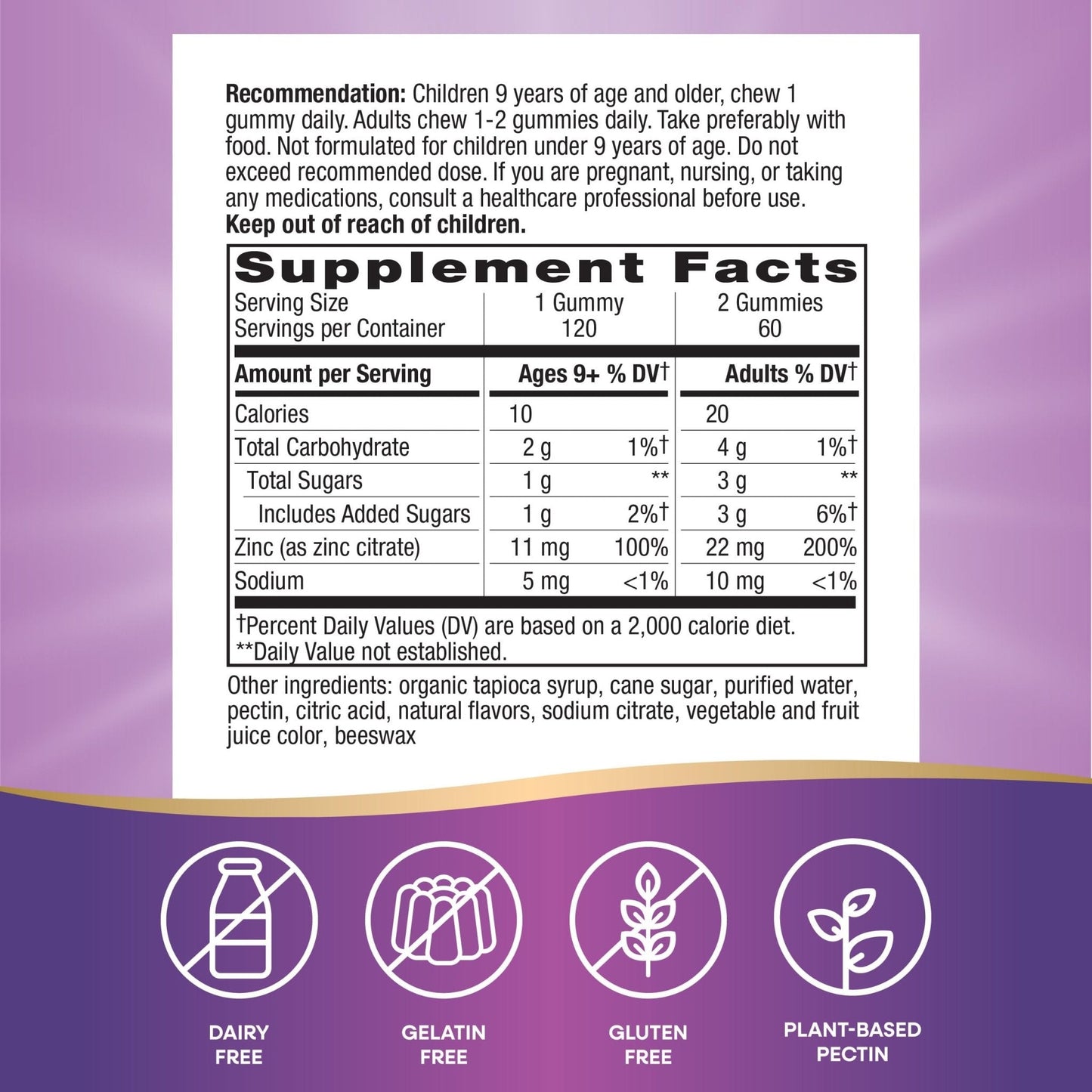 Nature's Way Zinc Gummies, Adult & Kids 9+ Immune Support Gummies*, 100% Daily Value per Serving, Mixed Berry Flavor, 120 Chews - PrimeBioHealth - canada supplements