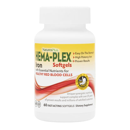 NaturesPlus Hema-Plex Iron - 60 Fast-Acting Softgels - 85 mg Iron + Vitamin C & Bioflavonoids for Healthy Red Blood Cells - PrimeBioHealth - canada supplements