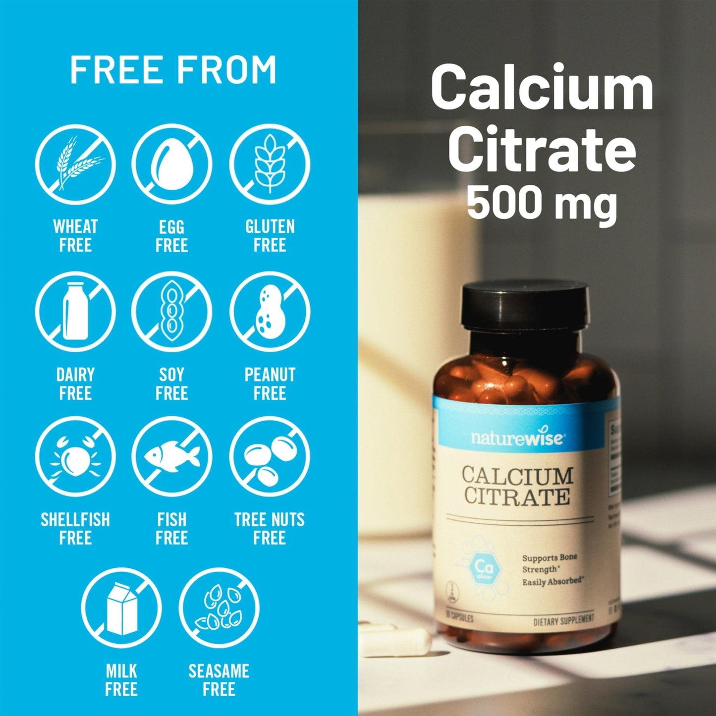 NatureWise Calcium Citrate 500mg Capsules - Supplement for Bone Health - Easy to Digest & Absorb - Vegan, Non-GMO - PrimeBioHealth - canada supplements