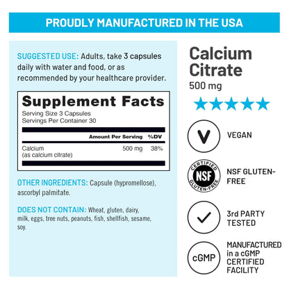 NatureWise Calcium Citrate 500mg Capsules - Supplement for Bone Health - Easy to Digest & Absorb - Vegan, Non-GMO - PrimeBioHealth - canada supplements