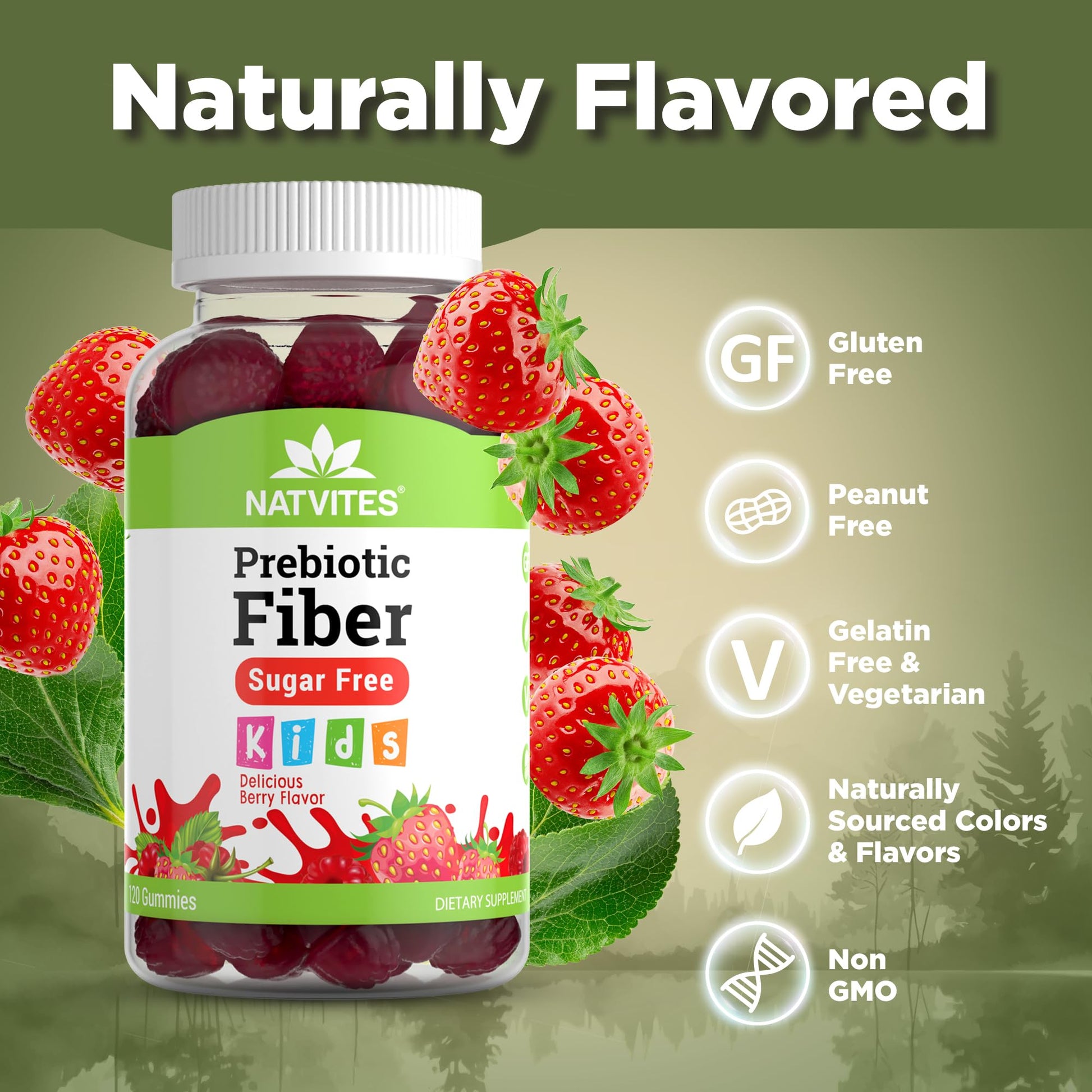 Natvites Prebiotic Kids Fiber Gummies, for Children Ages 2 & Up - Sugar Free Vegetarian Gelatin Free Non-GMO, Kids Fiber Supplements - PrimeBioHealth - canada supplements