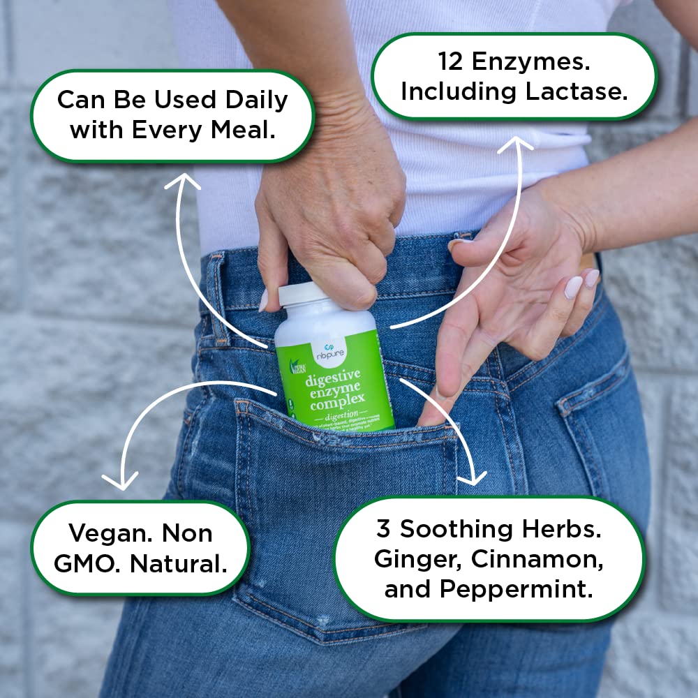 nbpure Vegan Digestive Enzyme Complex – Daily Bloating, Gas, & Food Digestive Support for Women & Men – 12 Enzymes & 3 Herbs – Lactase, Protease, Lipase - PrimeBioHealth - canada supplements