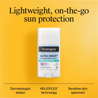 Neutrogena Ultra Sheer Dry Touch SPF 50 Mineral Sunscreen Stick for Sensitive Skin, Zinc Oxide, Body & Face Sunscreen - PrimeBioHealth - canada supplements