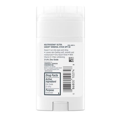 Neutrogena Ultra Sheer Dry Touch SPF 50 Mineral Sunscreen Stick for Sensitive Skin, Zinc Oxide, Body & Face Sunscreen - PrimeBioHealth - canada supplements