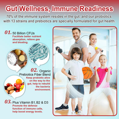 NEVISS Probiotic + Prebiotic Gummies for Adults & Kids 4+, Sugar Free Chewable 50 Billion CFUs w/Fiber, Vitamin B1 B2 D3 & Zinc, for Digestive & Gut Health - PrimeBioHealth - canada supplements