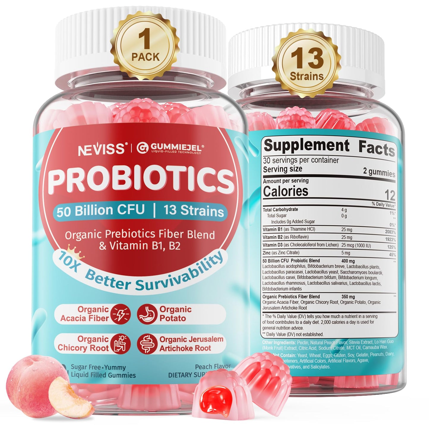 NEVISS Probiotic + Prebiotic Gummies for Adults & Kids 4+, Sugar Free Chewable 50 Billion CFUs w/Fiber, Vitamin B1 B2 D3 & Zinc, for Digestive & Gut Health - PrimeBioHealth - canada supplements