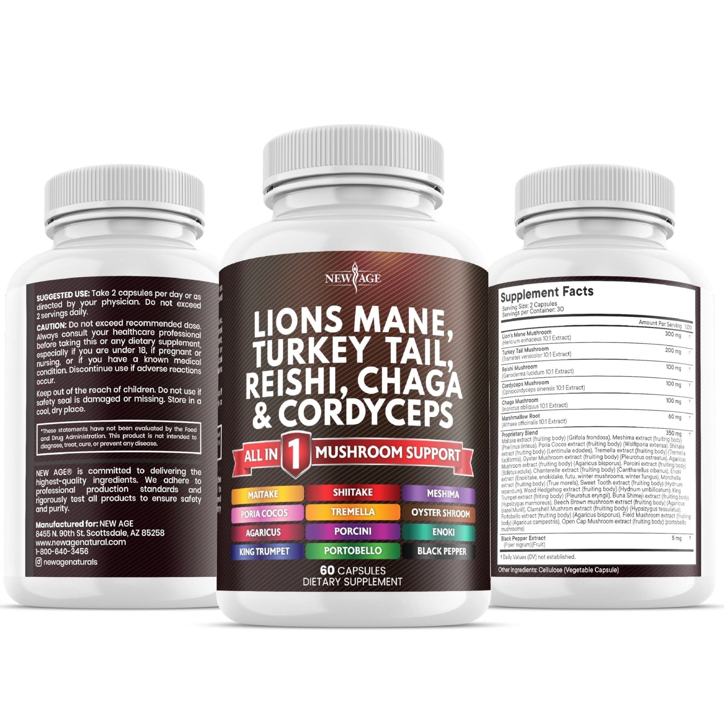 NEW AGE Lions Mane Mushroom Supplement with Turkey Tail Reishi Cordyceps Chaga with Marshmallow Root - 120 Count - PrimeBioHealth - canada supplements