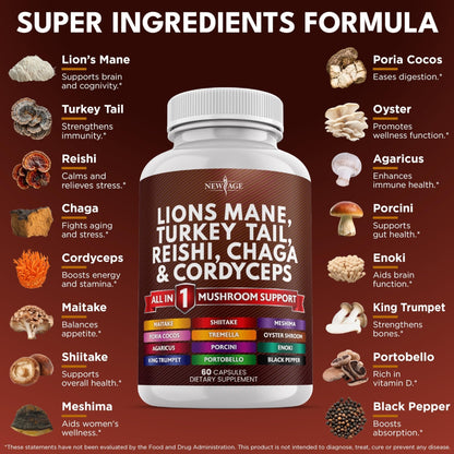 NEW AGE Lions Mane Mushroom Supplement with Turkey Tail Reishi Cordyceps Chaga with Marshmallow Root - 120 Count - PrimeBioHealth - canada supplements