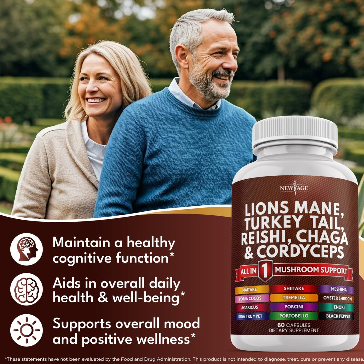 NEW AGE Lions Mane Mushroom Supplement with Turkey Tail Reishi Cordyceps Chaga with Marshmallow Root - 120 Count - PrimeBioHealth - canada supplements