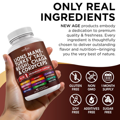 NEW AGE Lions Mane Mushroom Supplement with Turkey Tail Reishi Cordyceps Chaga with Marshmallow Root - 120 Count - PrimeBioHealth - canada supplements