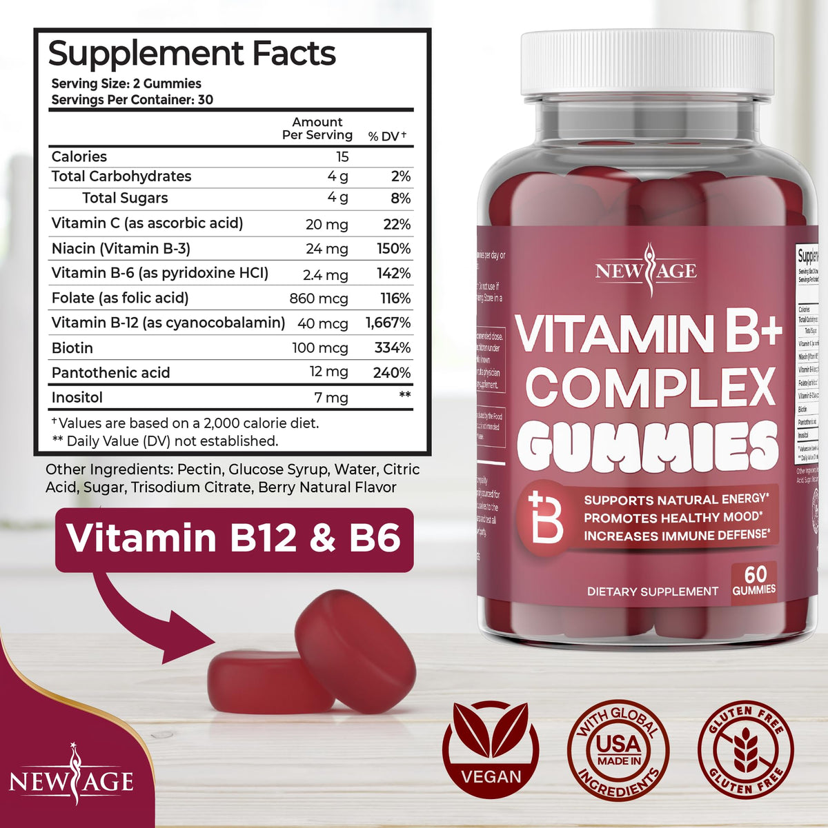 NEW AGE Vitamin B Complex Gummies with Vitamin B3, B6, & B12 – with Biotin, Folic Acid & Vitamin C – Gluten-Free, Vegan - PrimeBioHealth - canada supplements