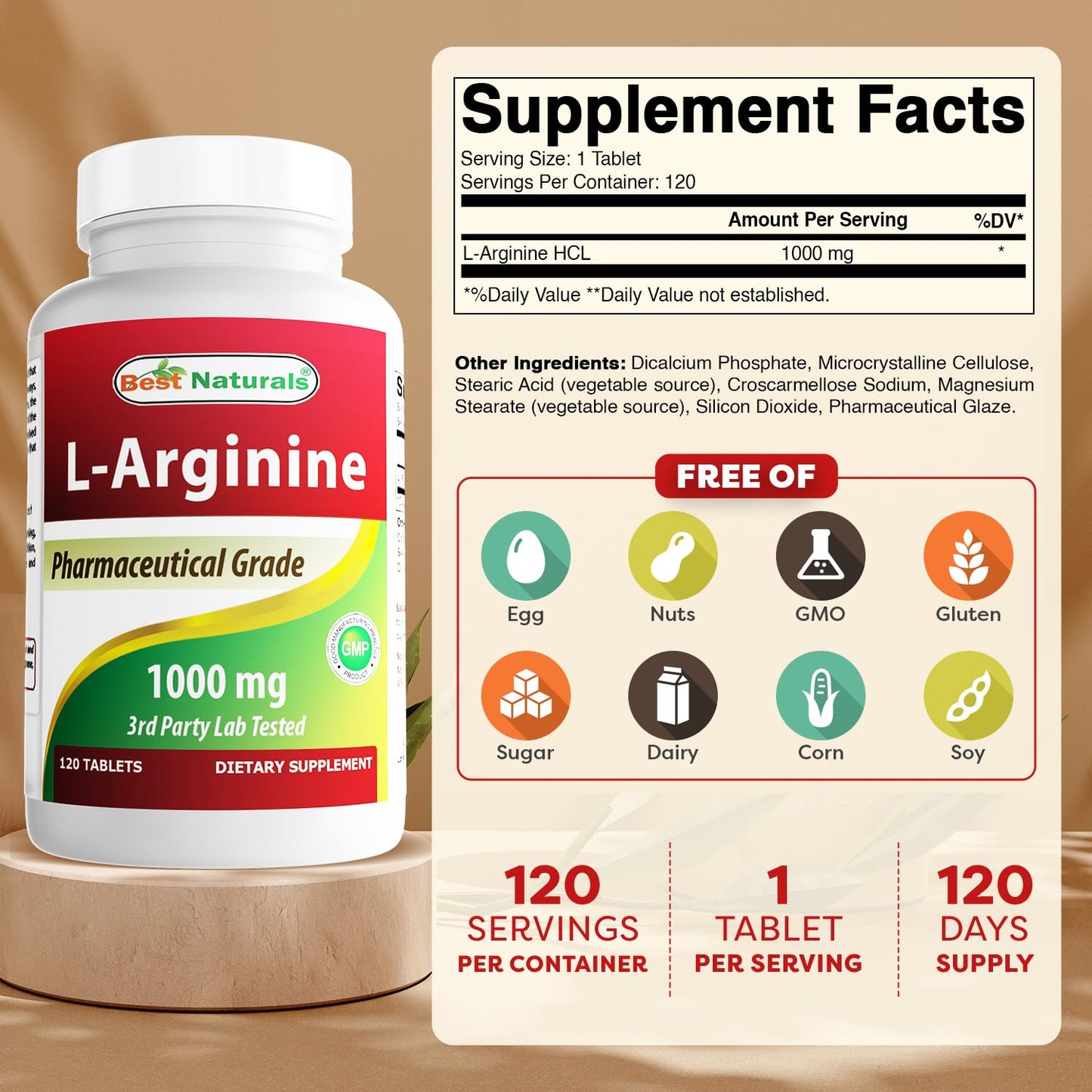 (New Improved Formula) Best Naturals L-Arginine 1000 mg 120 Tablets - Pharmaceutical Grade L Arginine Supplement - PrimeBioHealth - canada supplements