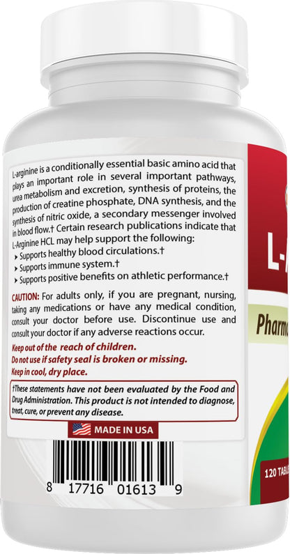 (New Improved Formula) Best Naturals L-Arginine 1000 mg 120 Tablets - Pharmaceutical Grade L Arginine Supplement - PrimeBioHealth - canada supplements