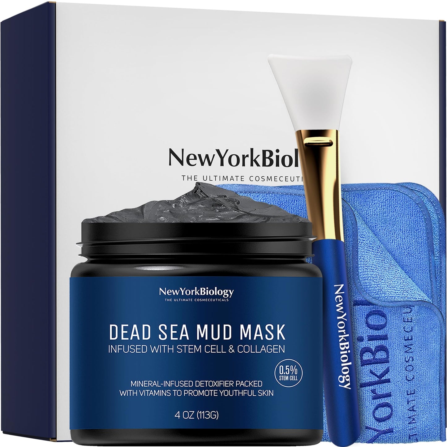New York Biology Dead Sea Mud Mask for Face & Body | with Stem Cell and Collagen | Face Mask, Brush Applicator, Towel | Spa Quality Pore Refiner for Oily Skin - PrimeBioHealth - canada supplements