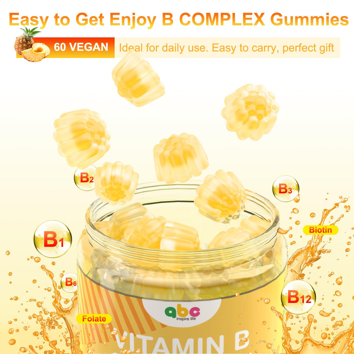 NEWOLITE Vitamin B Complex Gummies for Adult Kid-Pineapple Flavor-Chewable Supplement with 8 Essential B Vitamins - PrimeBioHealth - canada supplements