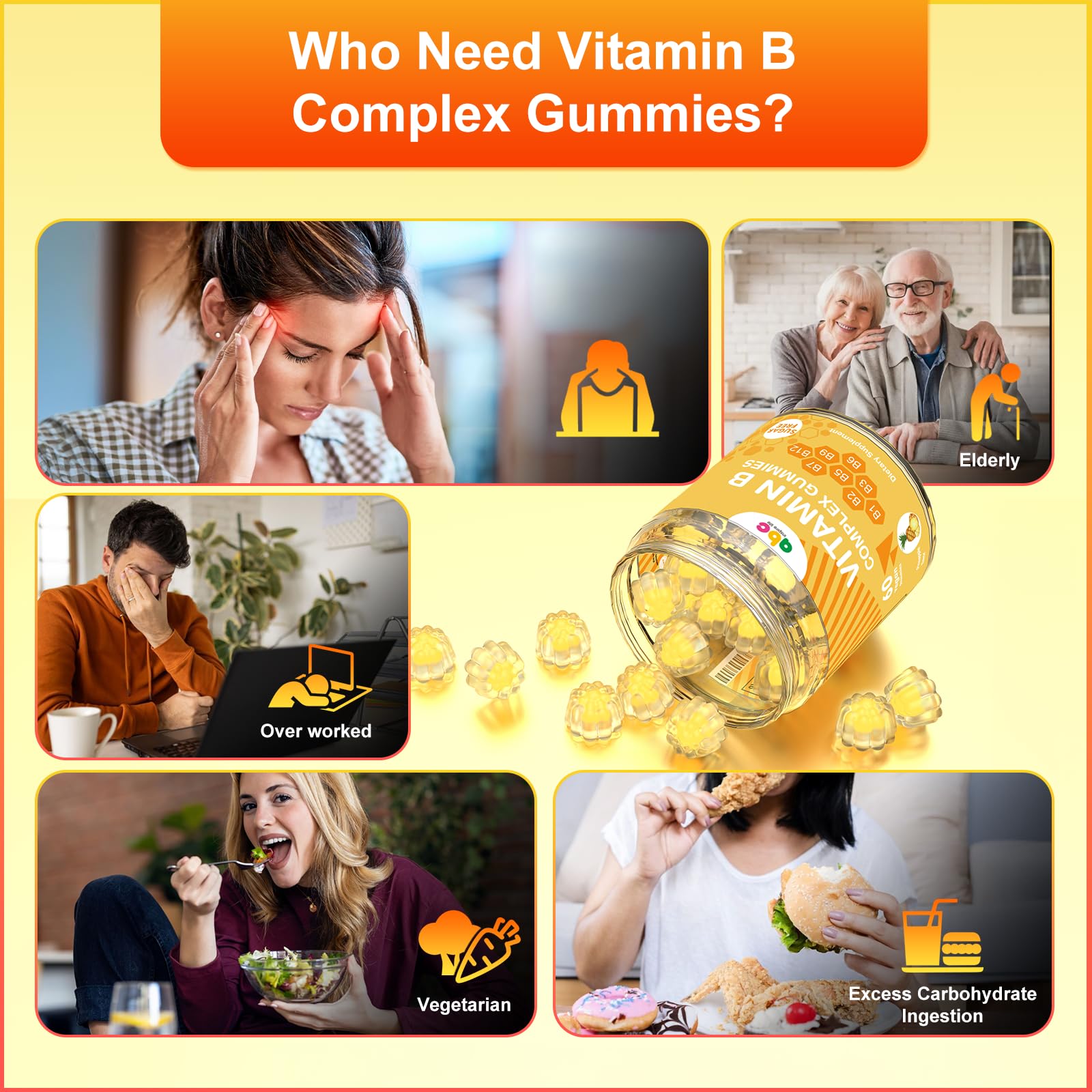NEWOLITE Vitamin B Complex Gummies for Adult Kid-Pineapple Flavor-Chewable Supplement with 8 Essential B Vitamins - PrimeBioHealth - canada supplements