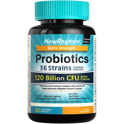 NewRhythm Probiotics 120 Billion CFU 36 Strains, 3-in-1 Probiotics with Prebiotics & Enzymes, Probioticos for Women & Men, - PrimeBioHealth - canada supplements