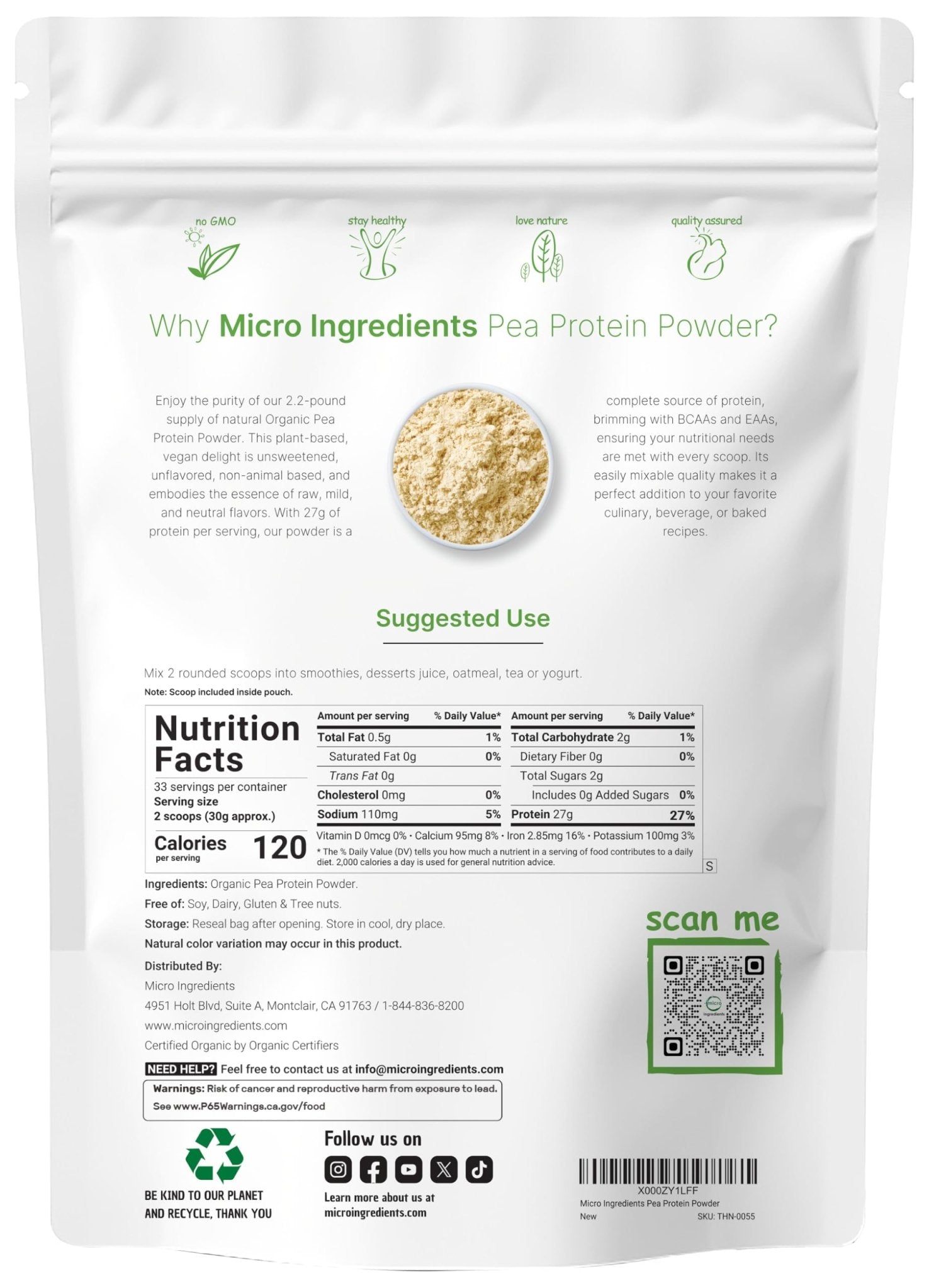North America Grown, Organic Pea Protein Powder, 1KG (2.2 Pounds) | Plant-Based Vegan Protein, Meatless Protein Supplement, Natural Branched Chain Amino Acids | Non-GMO, Soy Free - PrimeBioHealth - canada supplements