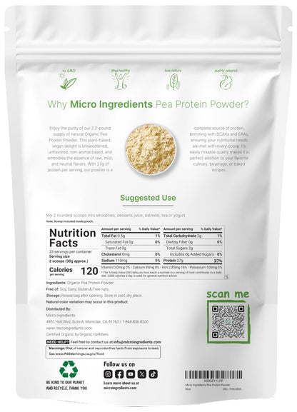North America Grown, Organic Pea Protein Powder, 1KG (2.2 Pounds) | Plant-Based Vegan Protein, Meatless Protein Supplement, Natural Branched Chain Amino Acids | Non-GMO, Soy Free - PrimeBioHealth - canada supplements