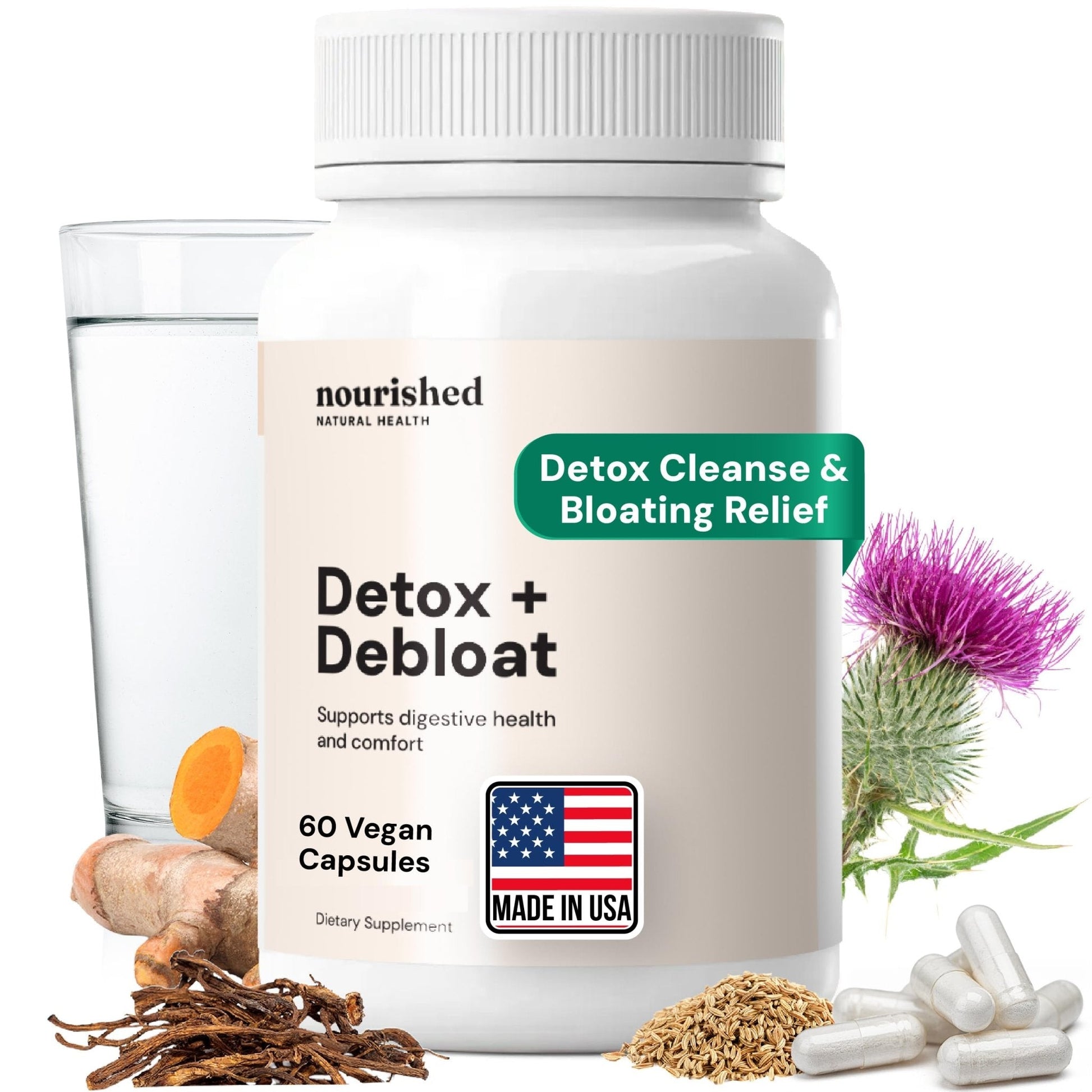 Nourished Natural Health Detox + Debloat - Detox Cleanse and Bloating Relief for Women - Liver and Digestive Support with Milk Thistle, Dandelion, Fennel & Turmeric - PrimeBioHealth - canada supplements