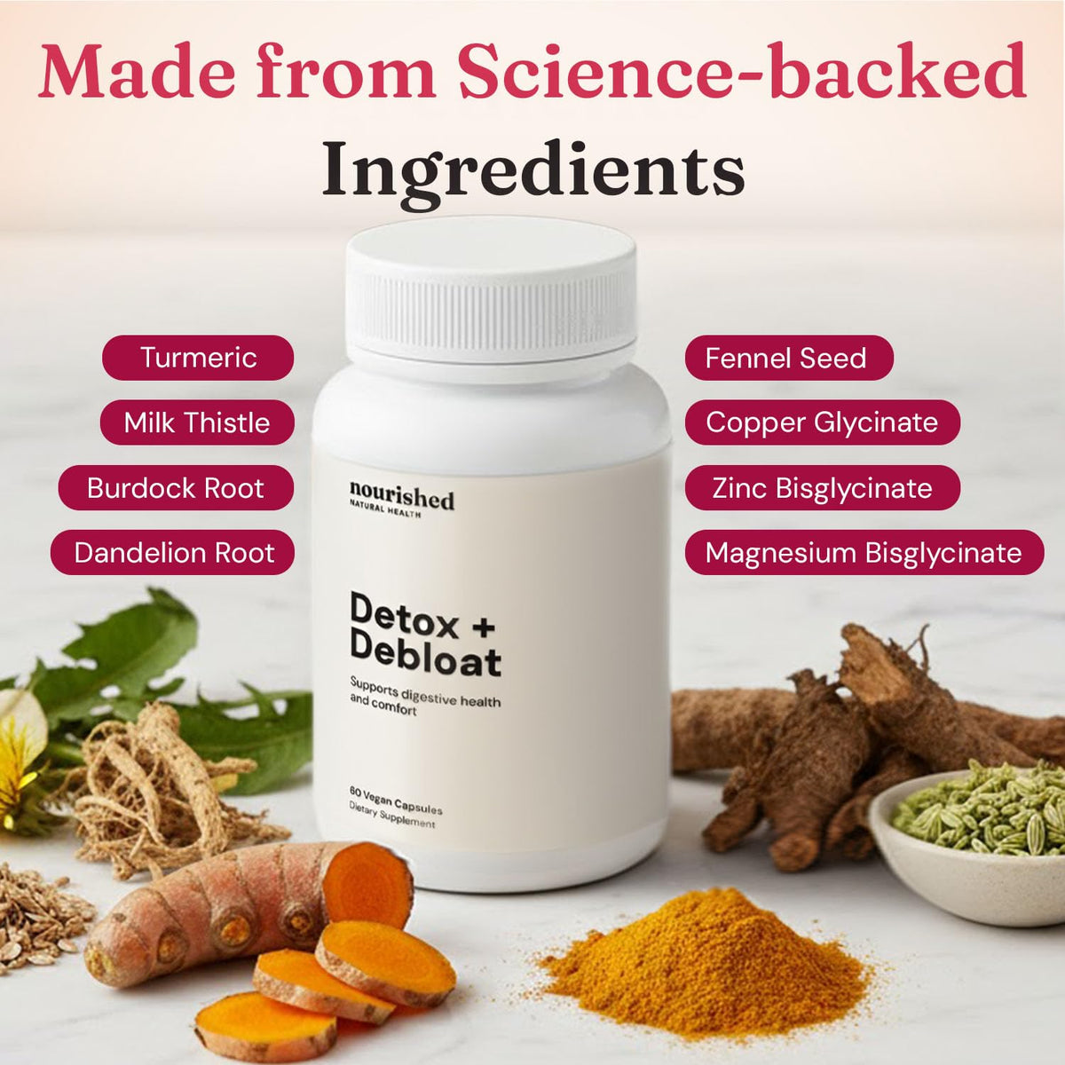 Nourished Natural Health Detox + Debloat - Detox Cleanse and Bloating Relief for Women - Liver and Digestive Support with Milk Thistle, Dandelion, Fennel & Turmeric - PrimeBioHealth - canada supplements