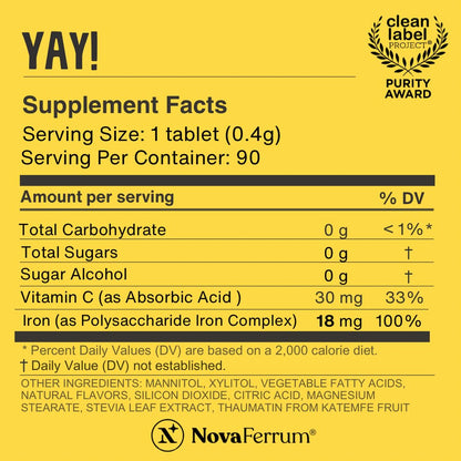 NovaFerrum Yay | Chewable Iron Supplement for Kids & Adults Ages 4 and Over | 18mg of Iron | 90 Servings | Sugar Free - PrimeBioHealth - canada supplements