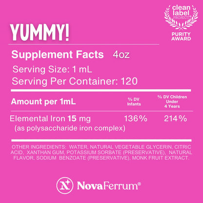 NovaFerrum Yummy | Pediatric Drops Liquid Iron Supplement for Infants and Toddlers | Liquid Iron for Kids | 15mg of Iron Per 1mL Dose | Ages 4 & Under - PrimeBioHealth - canada supplements